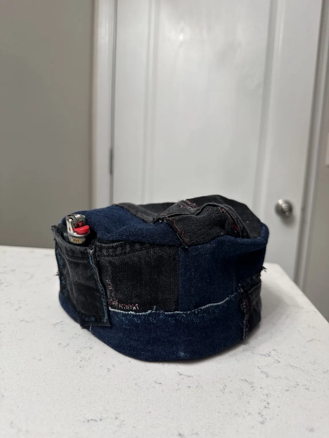 One-of-one blue and black reconstructed denim cap